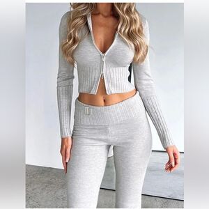 2 Piece Outfits Zip Up Crop Hoodie Sweater Sets High Waist Pants Lounge Sets